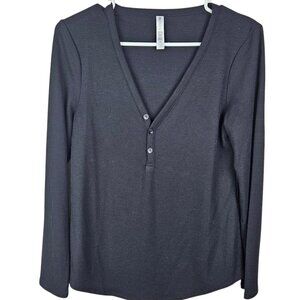 Athleta Wind Down Black Henley Style Long Sleeve Top Waffle Knit Size Medium
